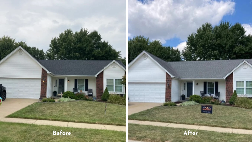 before-and-after roof replacement photos of a Florissant home