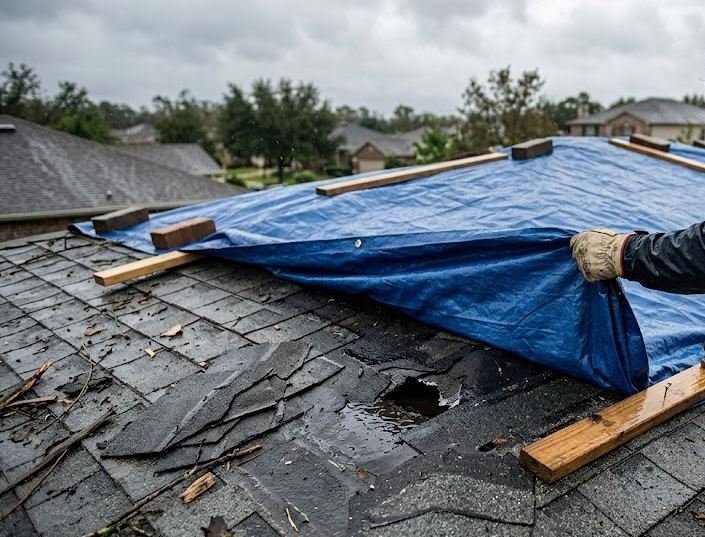 temporarily cover a leaking roof after a storm