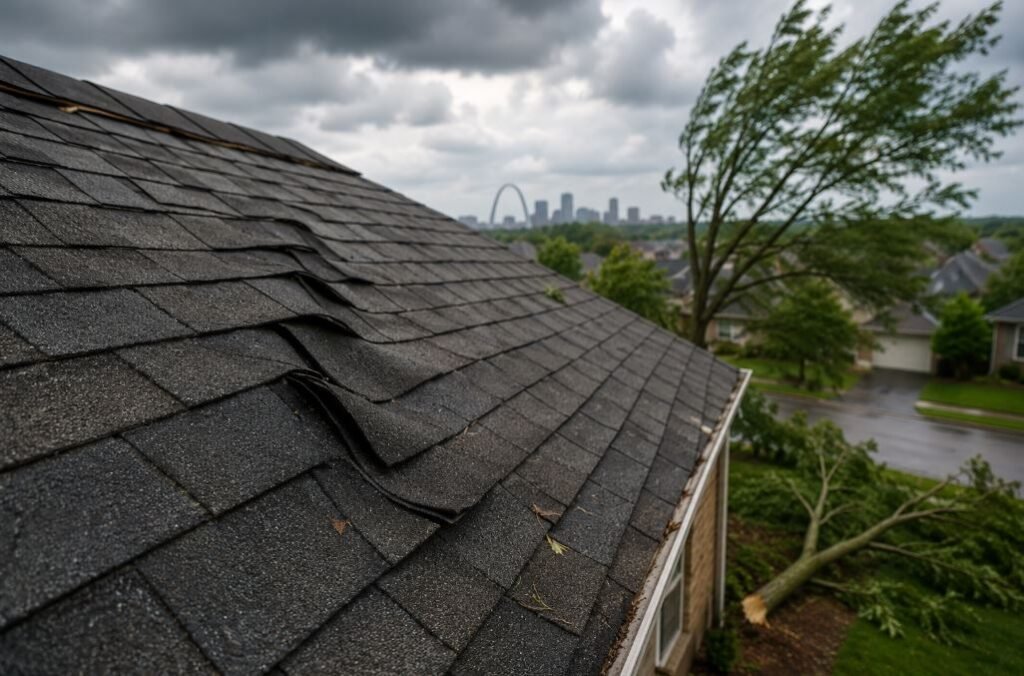 wind damage to asphalt shingles St Louis